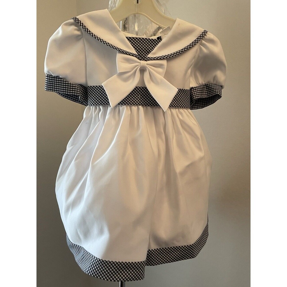 Vintage Fouger USA White nautical Navy sailboat toddler dress with Hat Size 18M